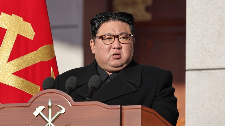 Leader Kim Jong Un speaks during an event for the 76th founding anniversary of the North Korea's army earlier this month in this image released by the government.