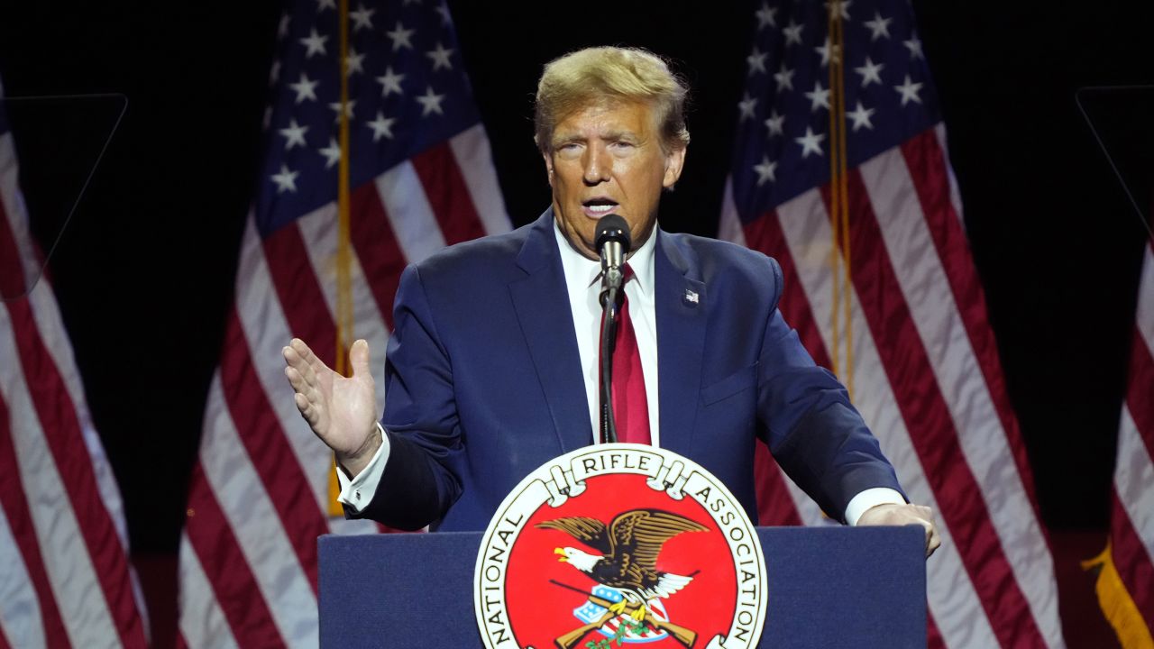 Republican presidential candidate former President Donald Trump speaks at the National Rifle Association's Presidential Forum in Harrisburg, Pa., Friday, Feb. 9, 2024. (AP Photo/Matt Rourke)