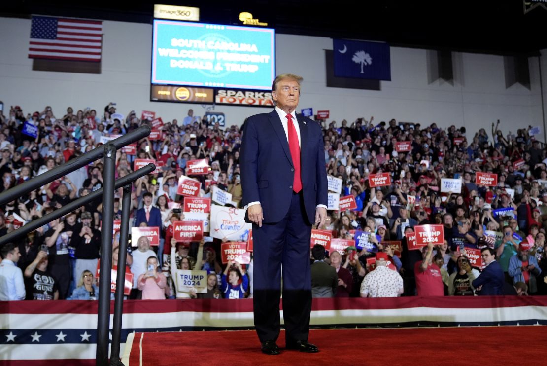 Former President Donald Trump speaks in Conway, South Carolina, on February 10, 2024.