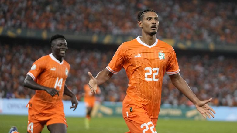 Ivory Coast 's Sebastien Haller celebrates after scoring his side's second goal during the African Cup of Nations final soccer match between Ivory Coast and Nigeria, at the Olympic Stadium of Ebimpe in Abidjan, Ivory Coast, Sunday, Feb. 11, 2024. (AP Photo/Themba Hadebe)