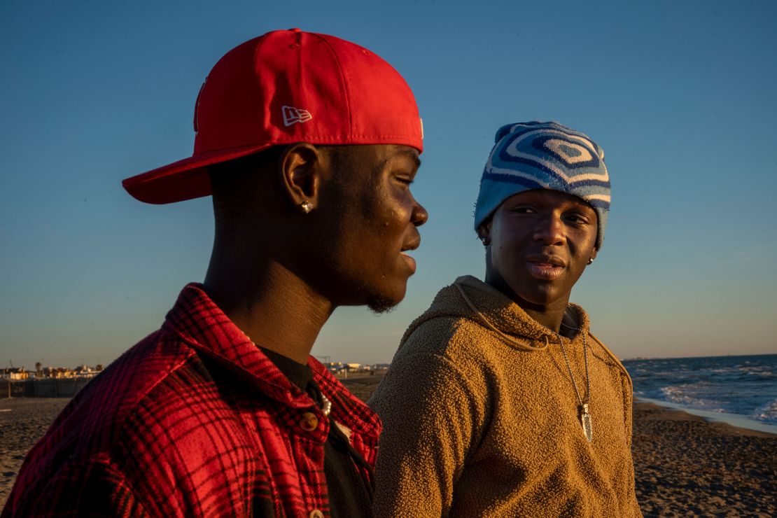 Senegalese actors Seydou Sarr, right, and Moustapha Fall pose for portraits near Rome in February.