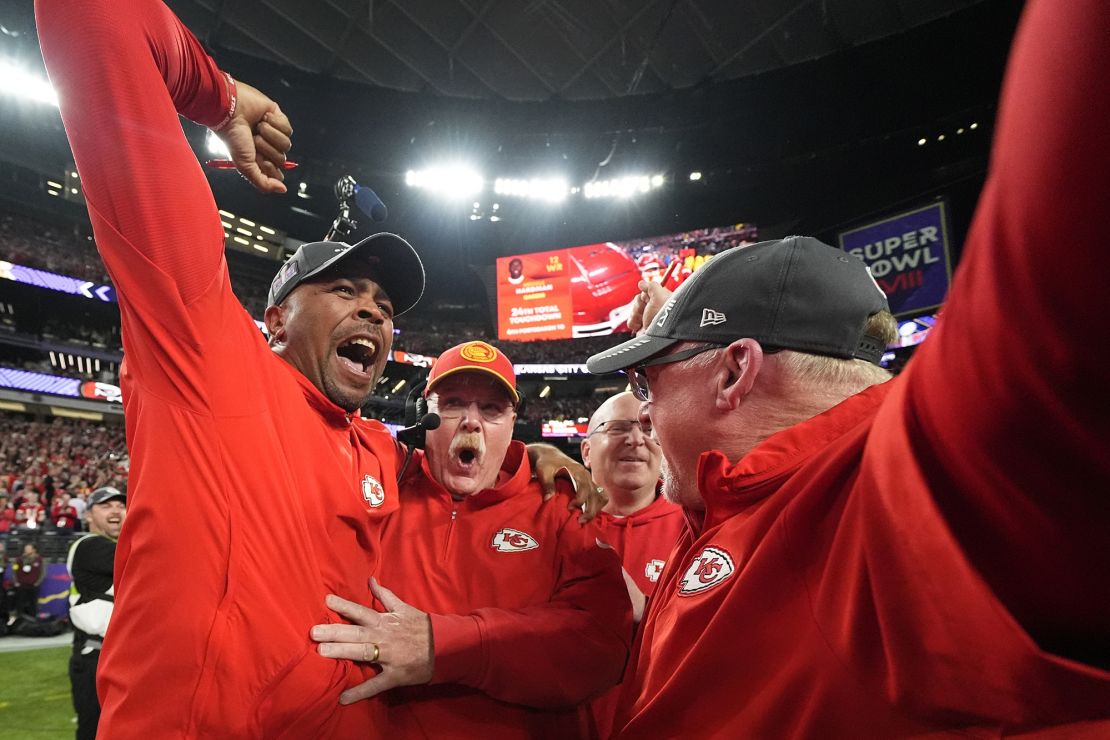 Andy Reid (middle) celebrates with his coaches after winning Super Bowl LVIII.