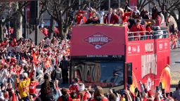 Kansas City Chiefs chairman and CEO Clark Hunt holds the Vince Lombardi Trophy as their bus arrives at the victory rally in Kansas City, Mo., Wednesday, Feb. 14, 2024. The Chiefs defeated the San Francisco 49ers Sunday in the NFL Super Bowl 58 football game.