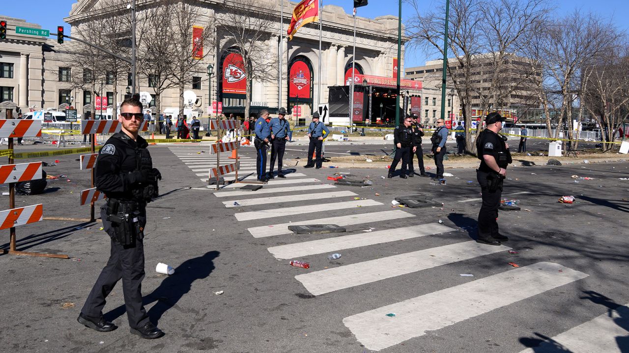 Police cordon off the area around Union Station following a shooting at the Kansas City Chiefs NFL football Super Bowl celebration in Kansas City, Mo., Wednesday, Feb. 14, 2024. Multiple people were injured, a fire official said.
