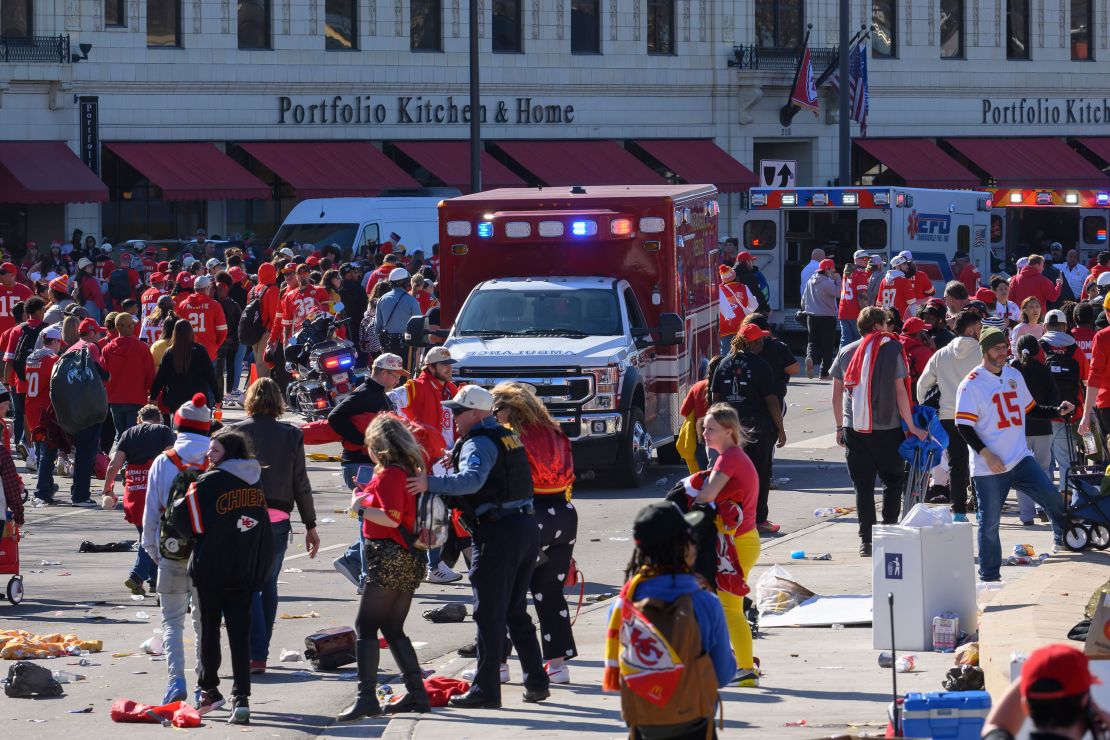 Police clear the area following a shooting after the Kansas City Chiefs’ Super Bowl celebration rally in Kansas City on Wednesday, February 14.