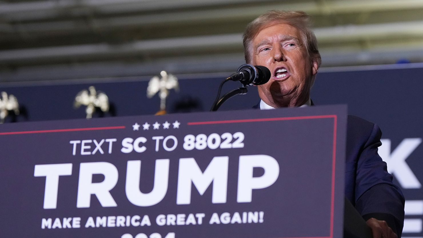 Republican presidential candidate former President Donald Trump speaks at a campaign rally at Charleston Area Convention Center in North Charleston, South Carolina, February 14, 2024.