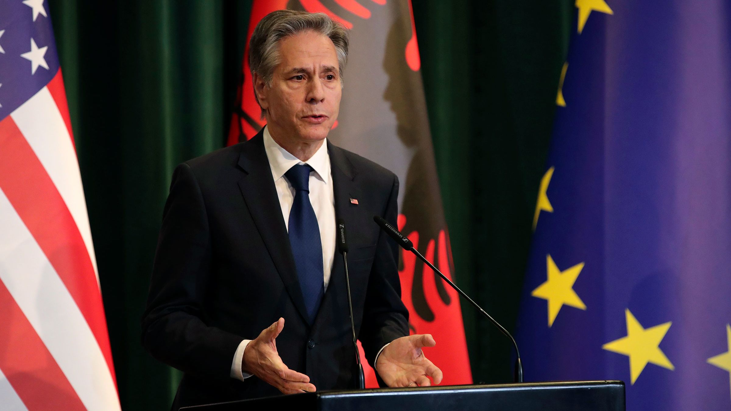 Secretary of State Antony Blinken speaks during a joint press conference with Albania's Prime Minister Edi Rama, not pictured, in Tirana, Albania, on Thursday, February 15.