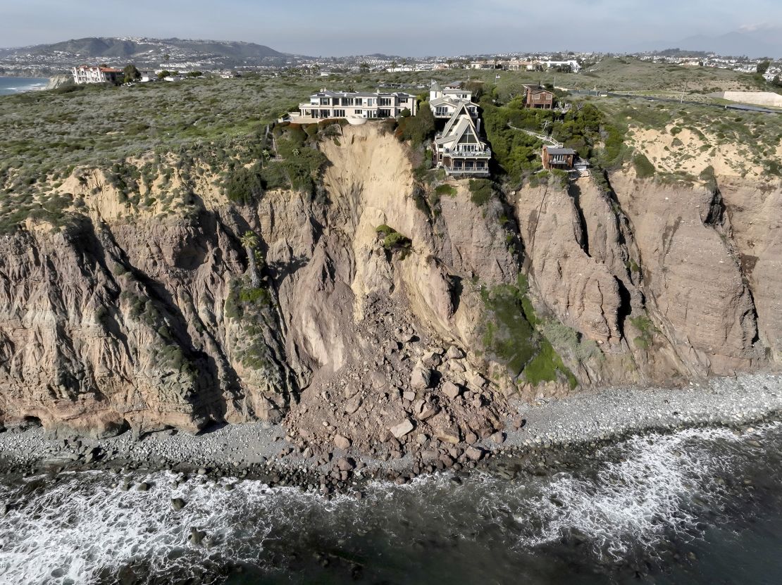 Luxury homes in danger of falling due to a landslide following heavy rainfall, in Dana Point, California, on February 15 2024.