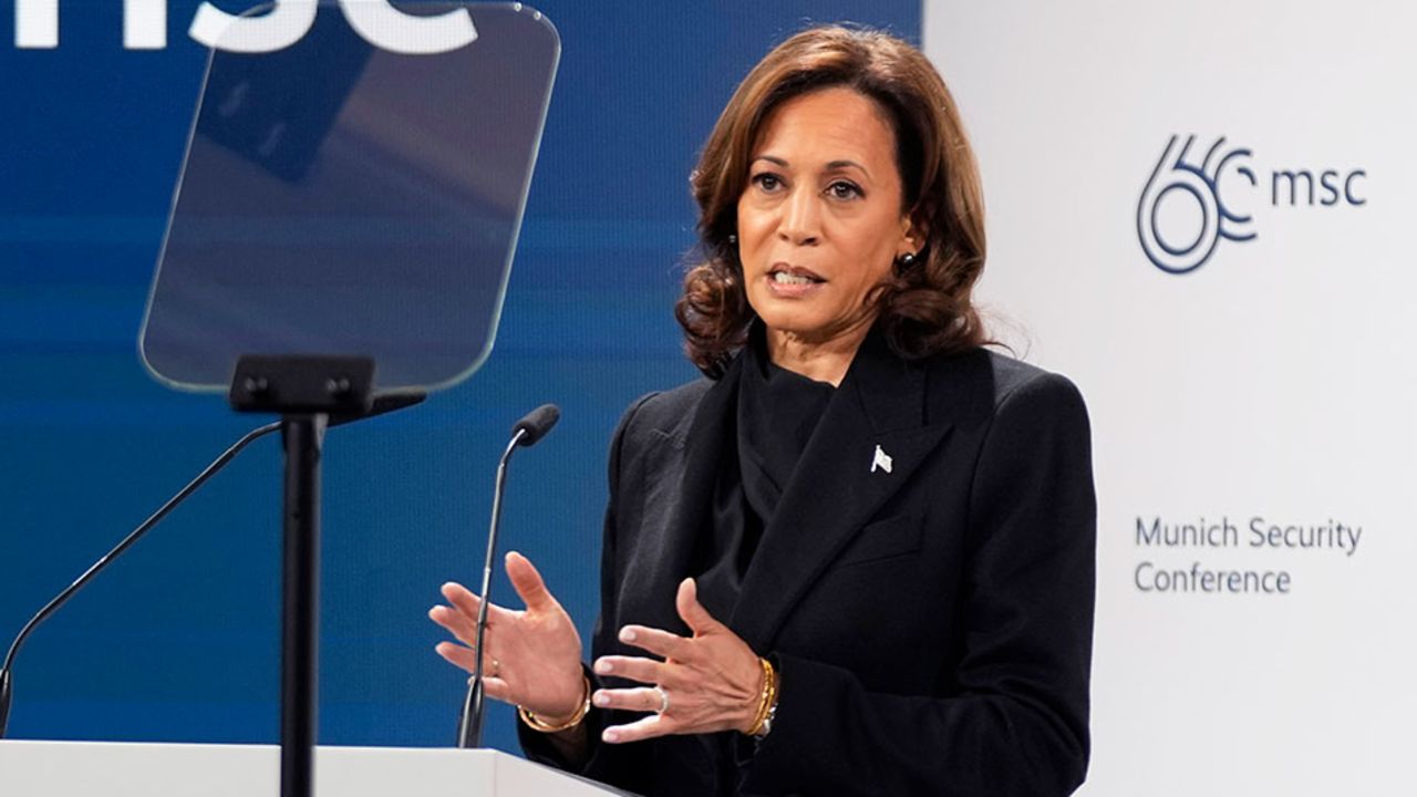 US Vice President Kamala Harris addresses the audience during the Munich Security Conference at the Bayerischer Hof Hotel in Munich, Germany, on Friday, February 16, 2024.