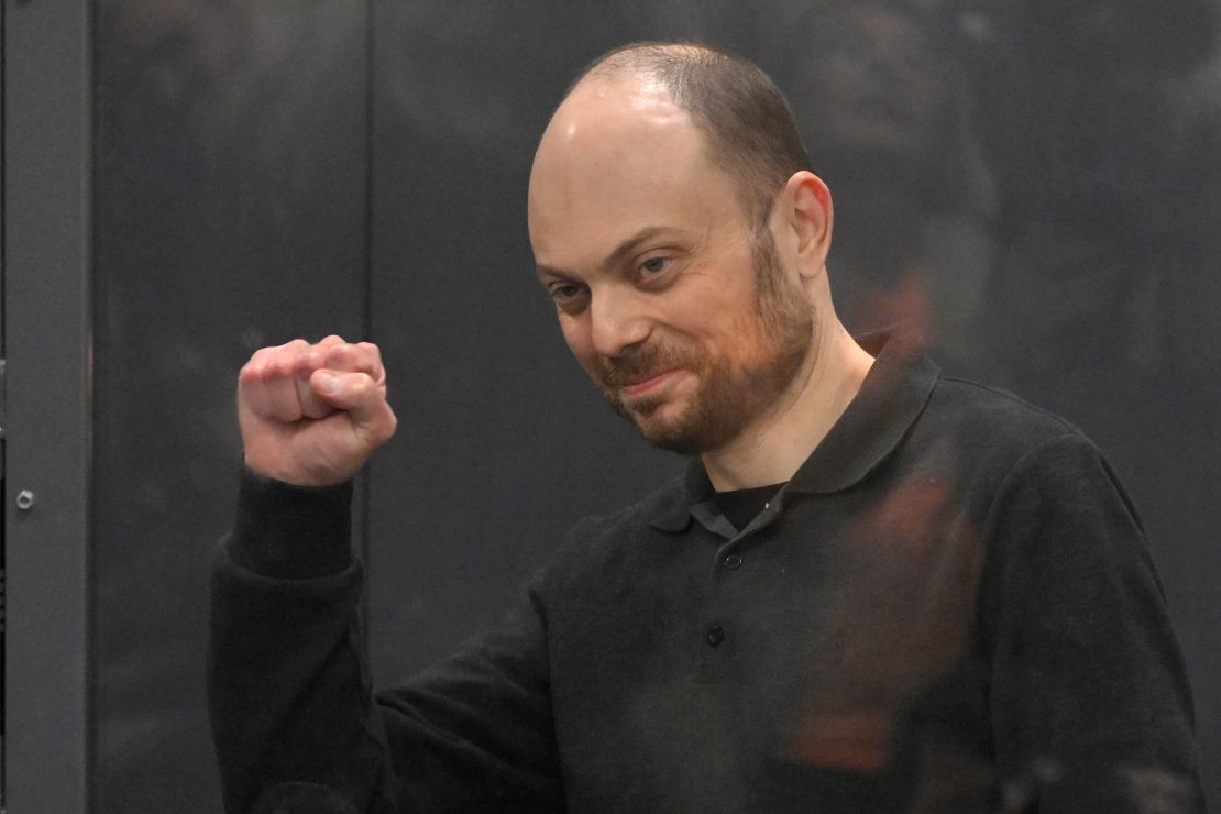 Russian opposition activist Vladimir Kara-Murza gestures standing in a glass cage in a courtroom during announcement of the verdict on appeal at the Moscow City Court in Moscow, Russia, on July 31, 2023.