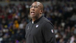 Sacramento Kings head coach Mike Brown in the second half of an NBA basketball game Wednesday, Feb. 14, 2024, in Denver. (AP Photo/David Zalubowski)