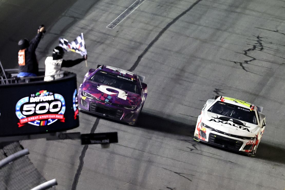 Byron (right) takes the checkered flag ahead of Bowman.