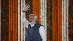 Indian Prime Minister Narendra Modi waves at a public rally at the Moulana Azad Stadium during which he inaugurated several projects in Jammu and Kashmir, in Jammu, India, Tuesday, Feb. 20, 2024.