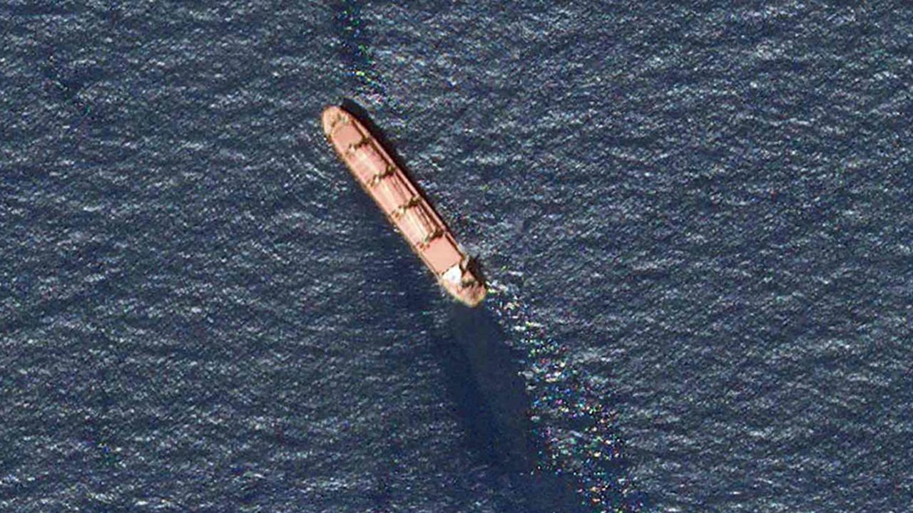 In this satellite image provided by Planet Labs, the Belize-flagged bulk carrier Rubymar is seen in the southern Red Sea near the Bay el-Mandeb Strait leaking oil after an attack by Yemen's Houthi rebels on Tuesday, February 20.