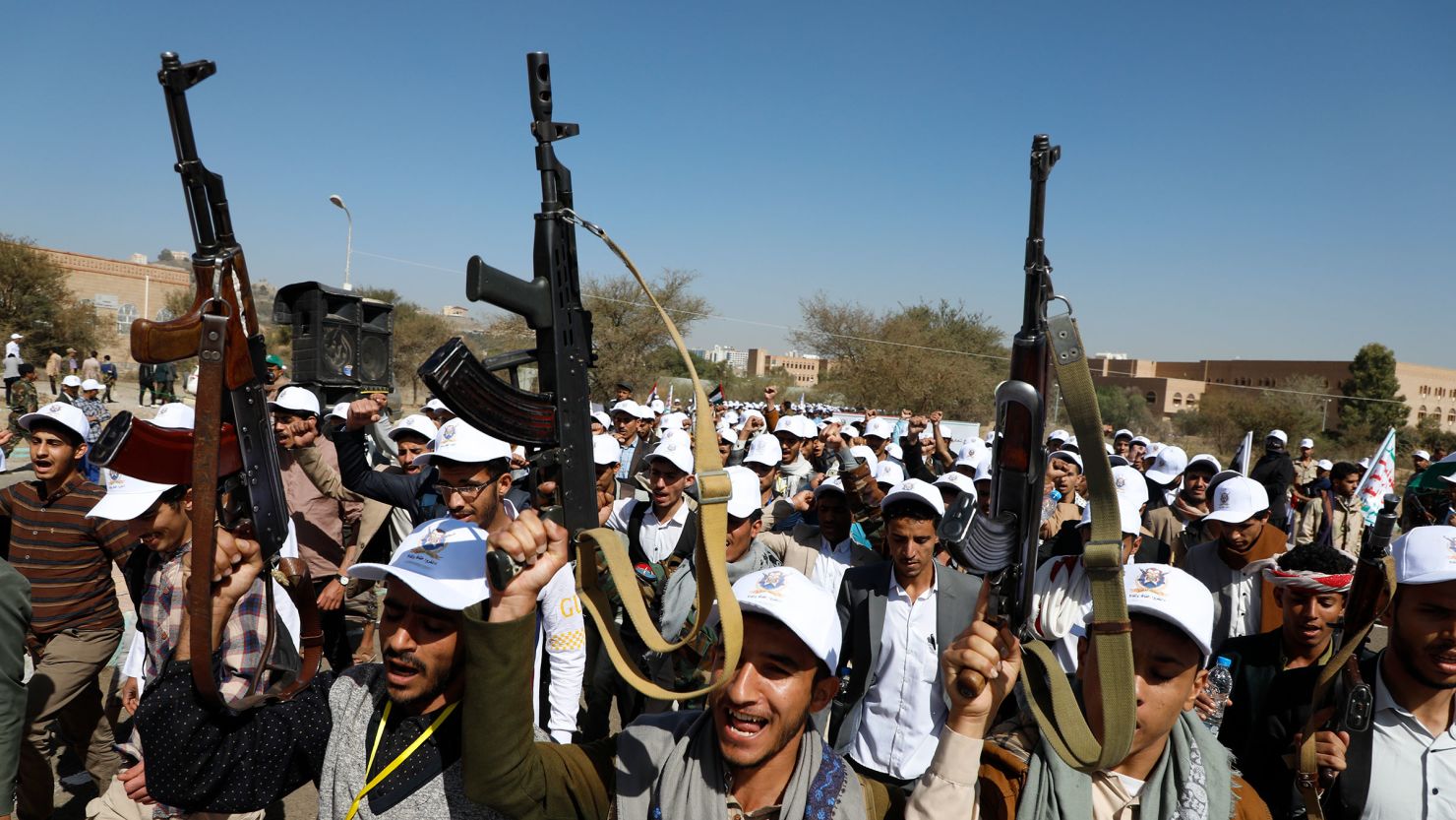 Newly recruited Houthi fighters attend a protest march against the US-led strikes on Yemen and the Israeli war in the Gaza Strip on Wednesday, February 21, in Sanaa, Yemen.