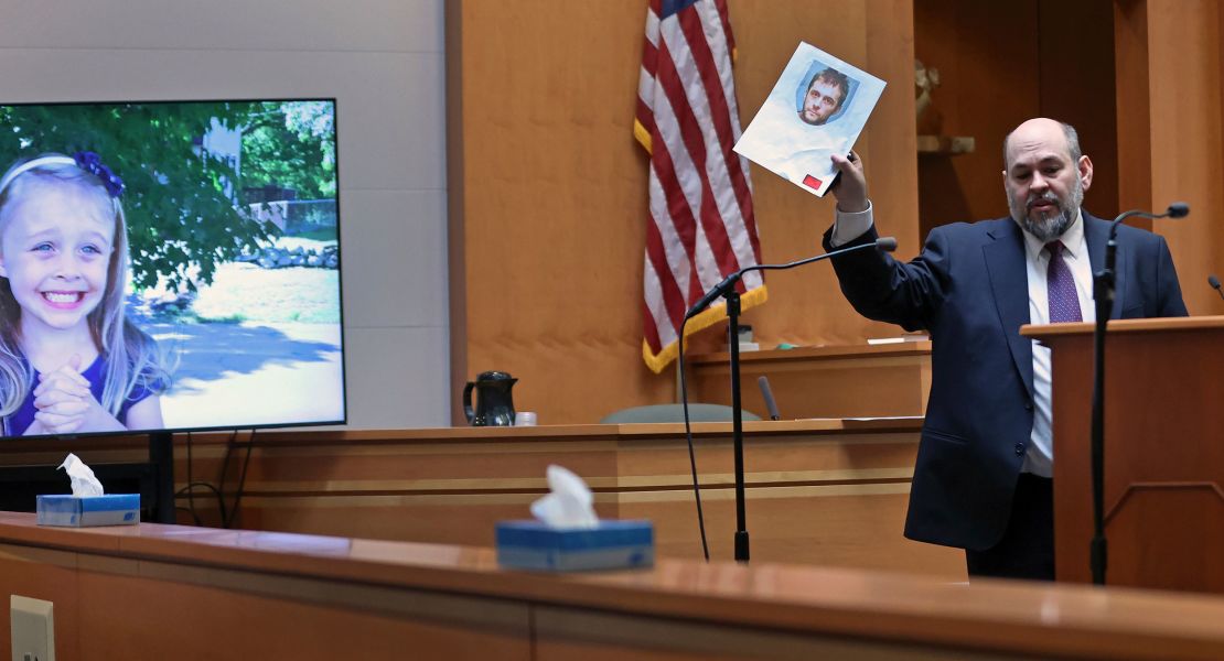 Senior Assistant New Hampshire Attorney General Benjamin Agati shows the jury a photograph of Adam Montgomery during closing arguments on February 21, 2024, in Manchester, New Hampshire.