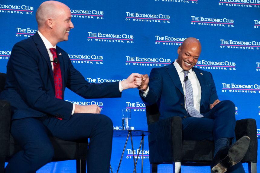 Govs. Wes Moore, D-Md., right, and Spencer Cox, R-Utah, participate in a discussion hosted by The Economic Club of Washington, D.C., on "The State of Bipartisanship in Washington," on Wednesday, February 21, 2024.