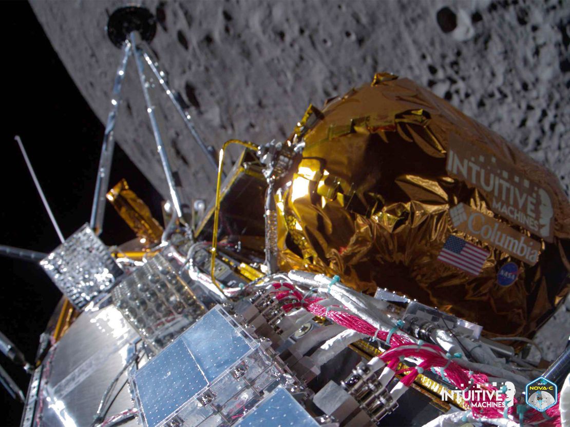 This image provided by Intuitive Machines shows its Odysseus lunar lander over the near side of the moon following lunar orbit insertion on February 21. Koons' "Moon Phases" is visible on the lander's exterior.