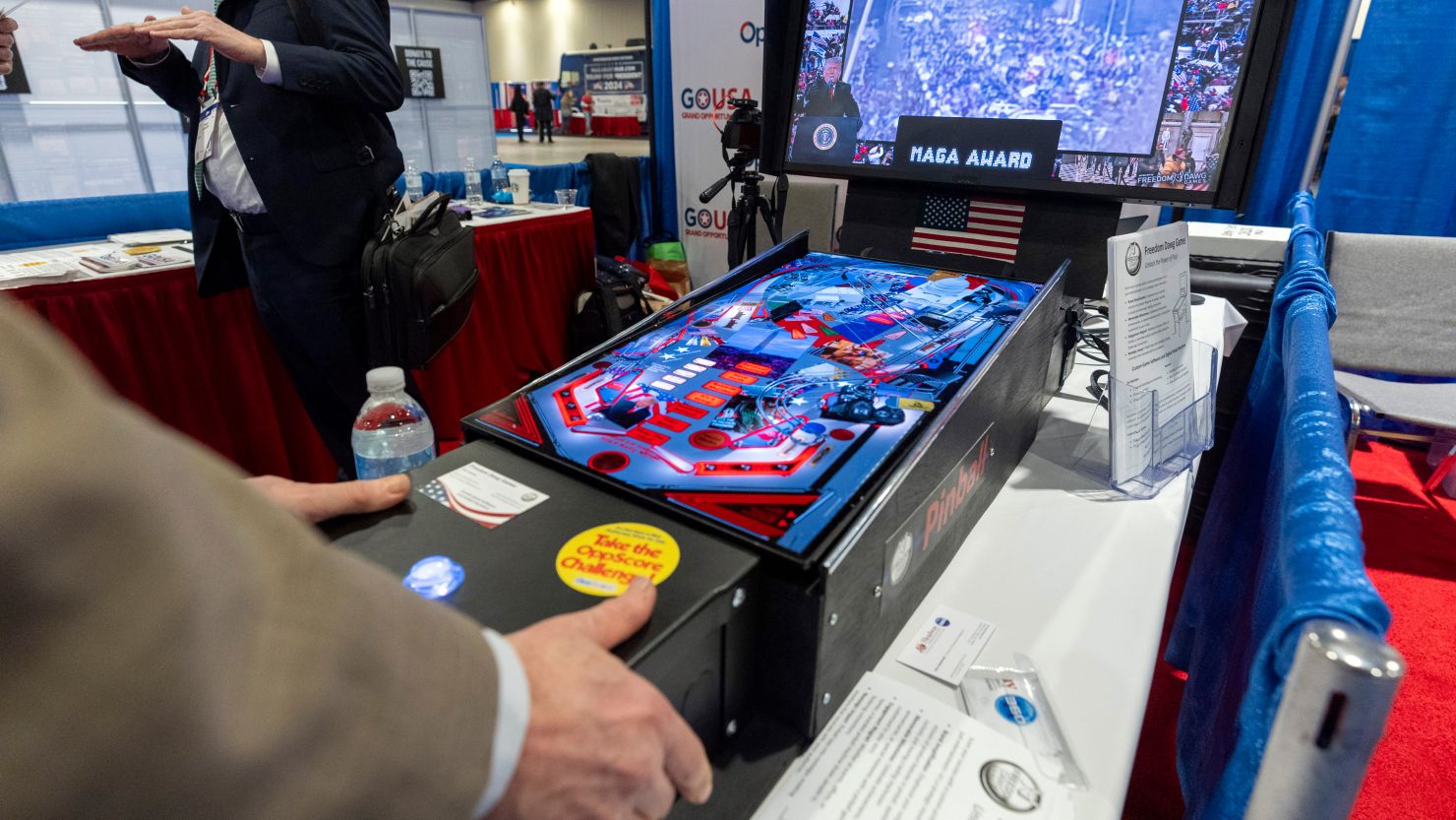 A January 6-themed pinball machine is played at the Conservative Political Action Conference at the National Harbor, in Oxon Hill, Maryland, on Friday, February 23, 2024.
