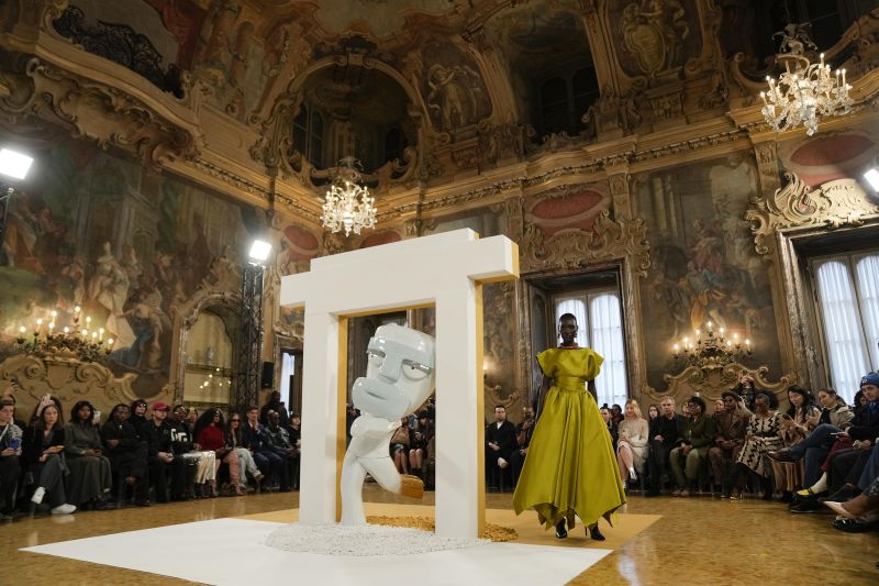 A model wears a creation as part of the Tokyo James women's Fall-Winter 2024-25 collection presented in Milan.