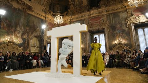 A model wears a creation as part of the Tokyo James women's Fall-Winter 2024-25 collection presented in Milan, Italy, Saturday, Feb. 24, 2024. (AP Photo/Antonio Calanni)