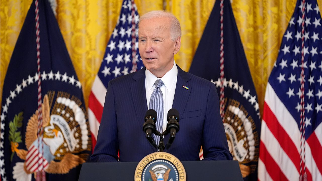 FILE - President Joe Biden speaks in the East Room of the White House, February 23, 2024, in Washington.
