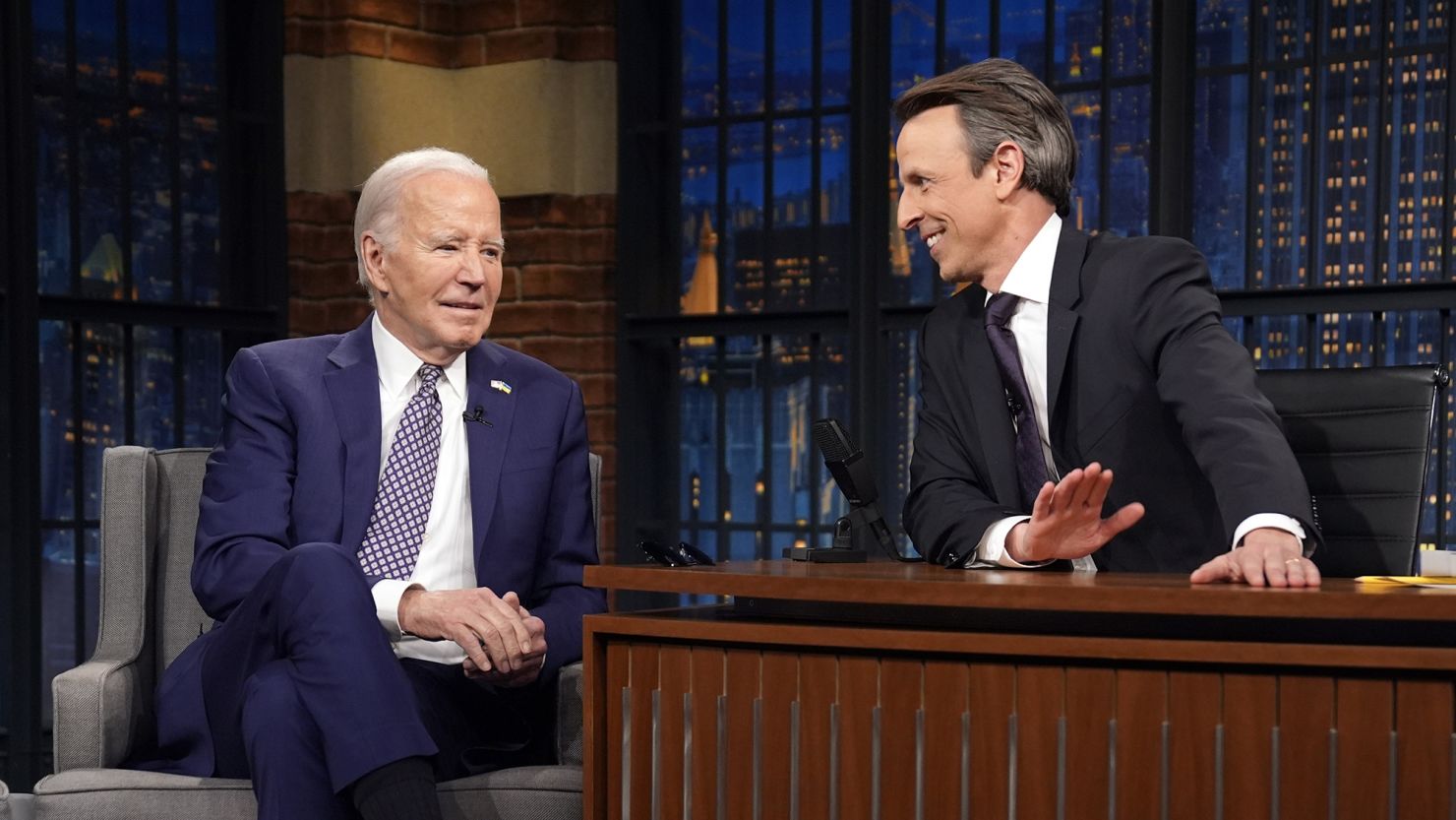 President Joe Biden talks with host Seth Meyers on February 26, 2024.