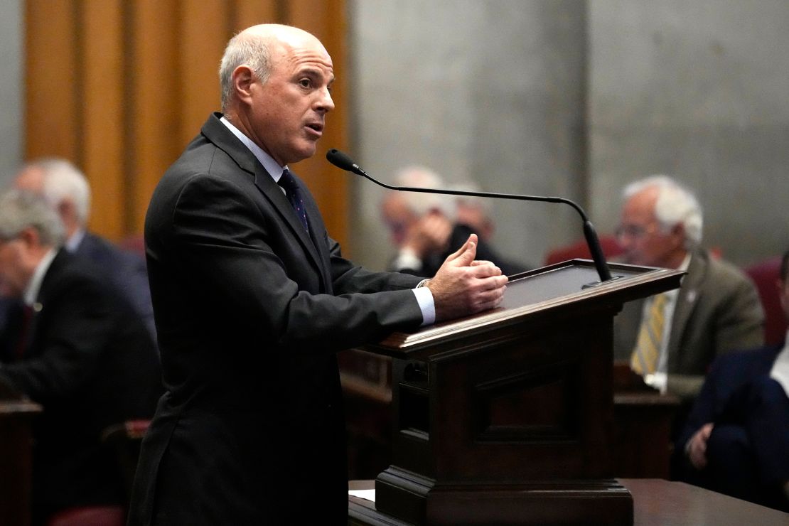 Rep. Gino Bulso presents a bill on the House floor to prevent Pride flags from being displayed in schools during a legislative session in Nashville, Tennessee, on February 26, 2024.
