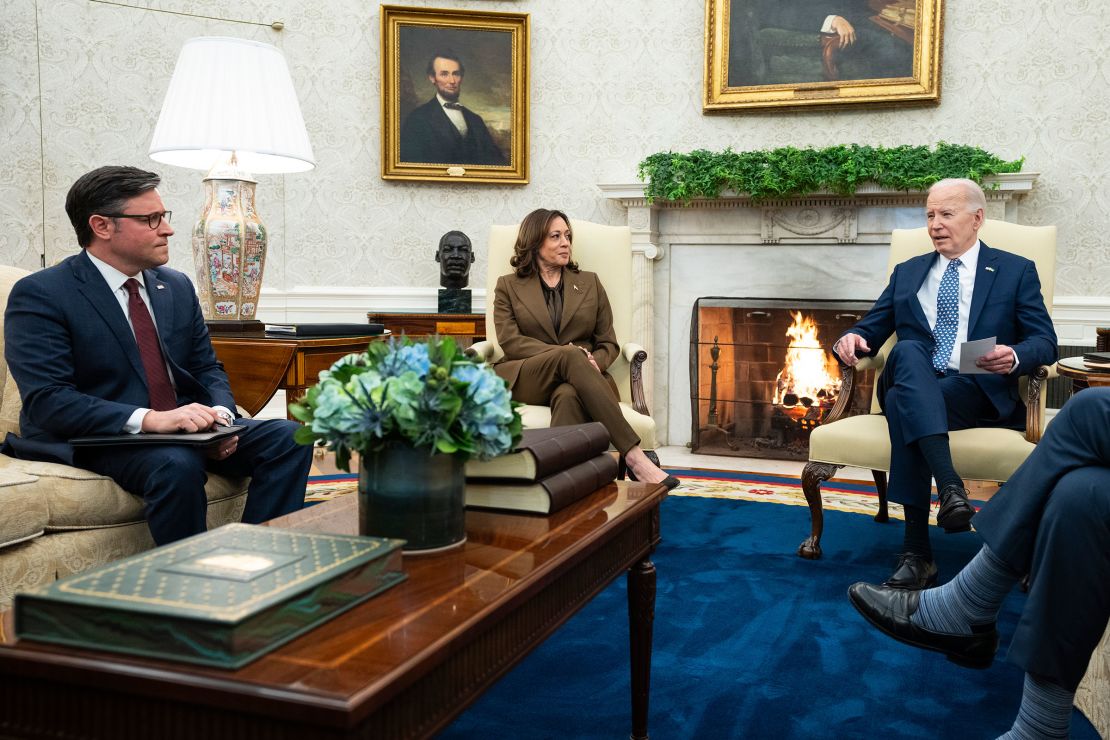 President Joe Biden speaks during a meeting with congressional leaders in the Oval Office on February 27.