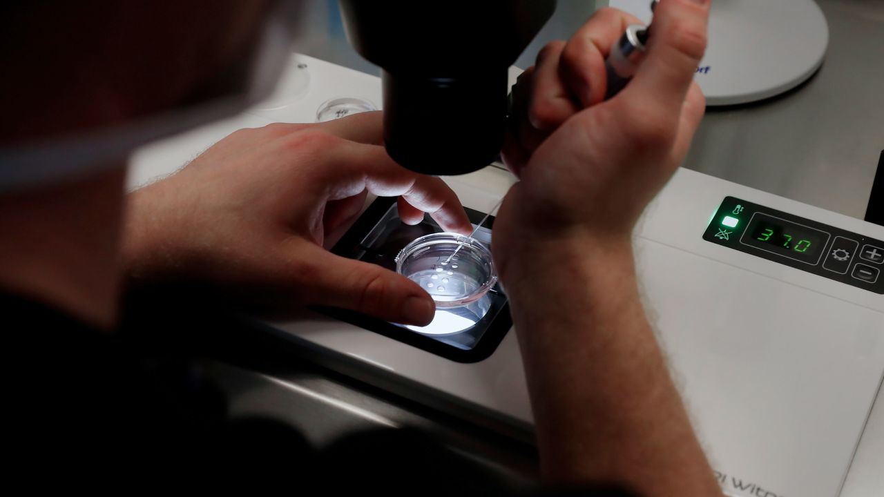 Lab staff prepare small petri dishes, each holding several 1-7 day old embryos, for cells to be extracted from each embryo to test for viability at the Aspire Houston Fertility Institute in vitro fertilization lab Tuesday, Feb. 27, 2024, in Houston.