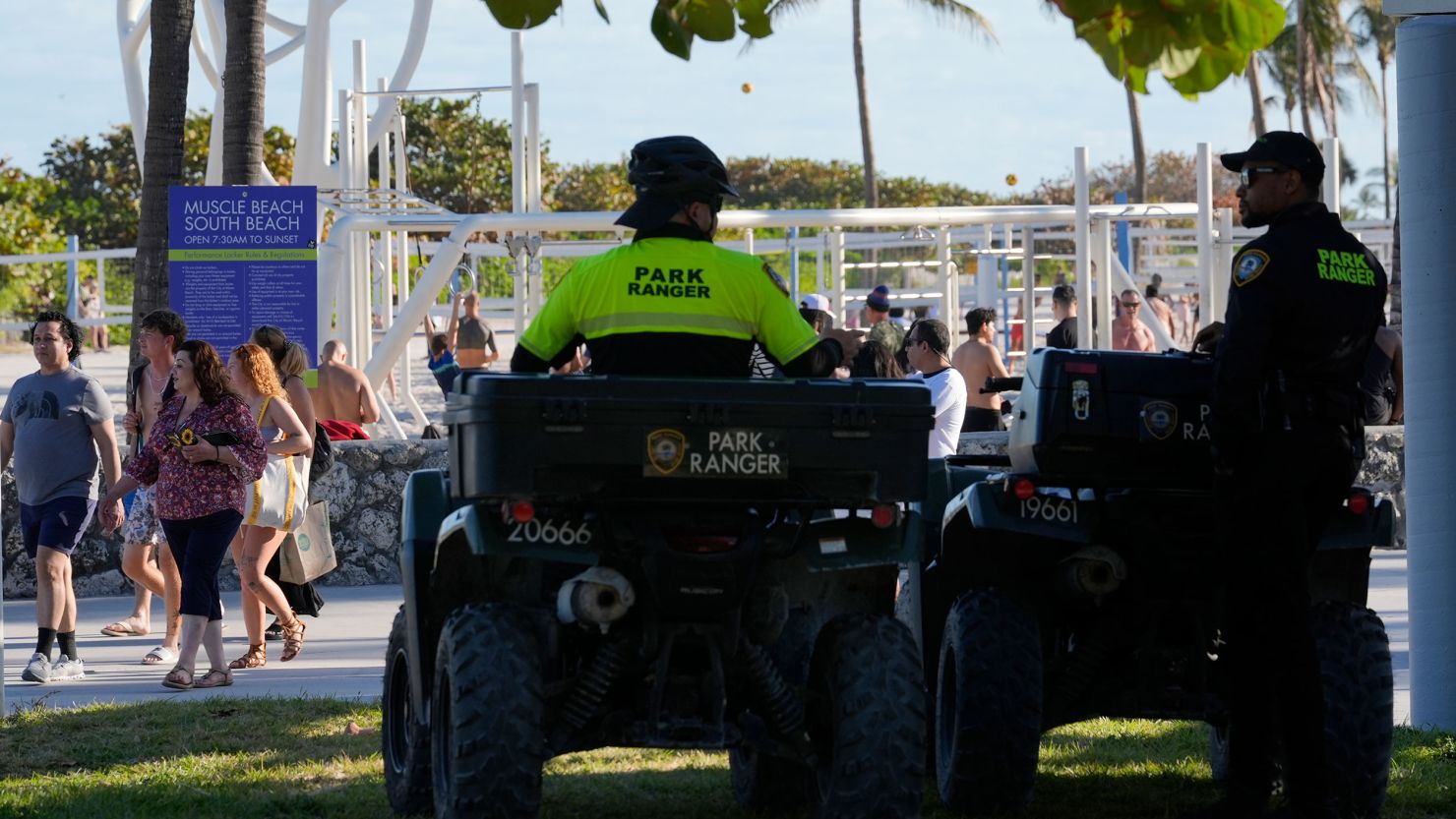 Miami Beach park rangers watch over beach crowd on February 27.