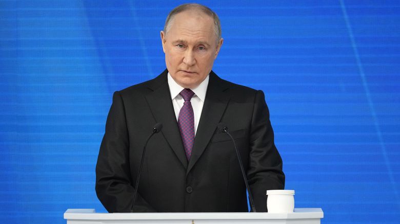 Russian President Vladimir Putin delivers his state-of-the-nation address in Moscow, Russia, Thursday, Feb. 29, 2024. (AP Photo/Alexander Zemlianichenko)