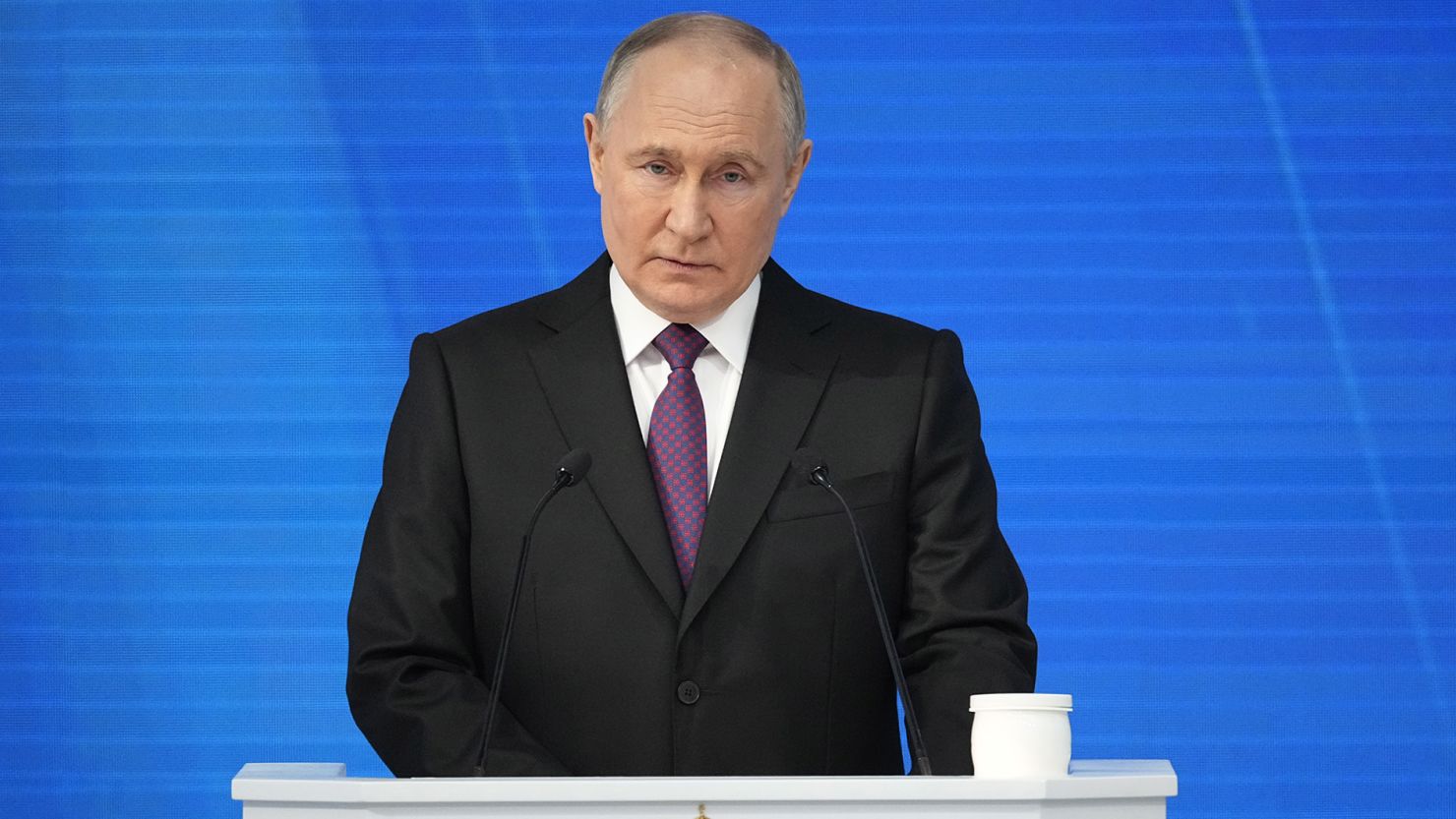 Putin revisited some familiar themes as he gave his annual state of the nation address, delivered ahead of next month's presidential election.