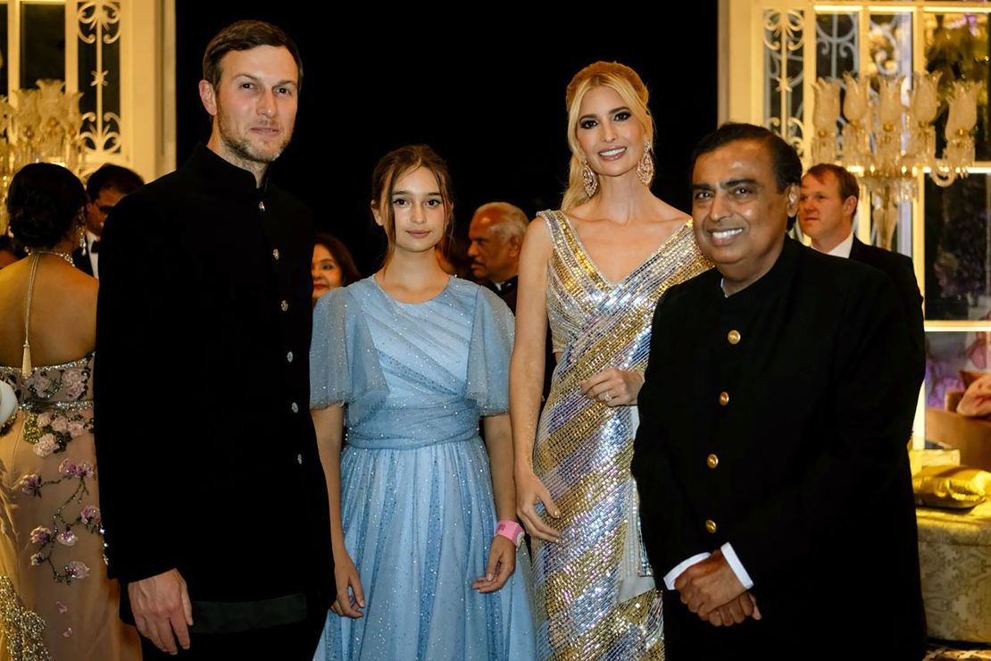 Jared Kushner, Ivanka Trump and their daughter Arabella pose with the groom's father, billionaire Mukesh Ambani.