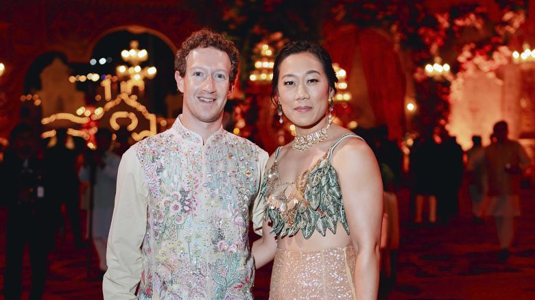 This photograph released by the Reliance group shows Mark Zuckerberg and his wife Priscilla Chan posing for a photograph at a pre-wedding bash of Mukesh Ambani's son Anant Ambani in Jamnagar, India, Saturday, Mar. 02, 2024. (Reliance group via AP)