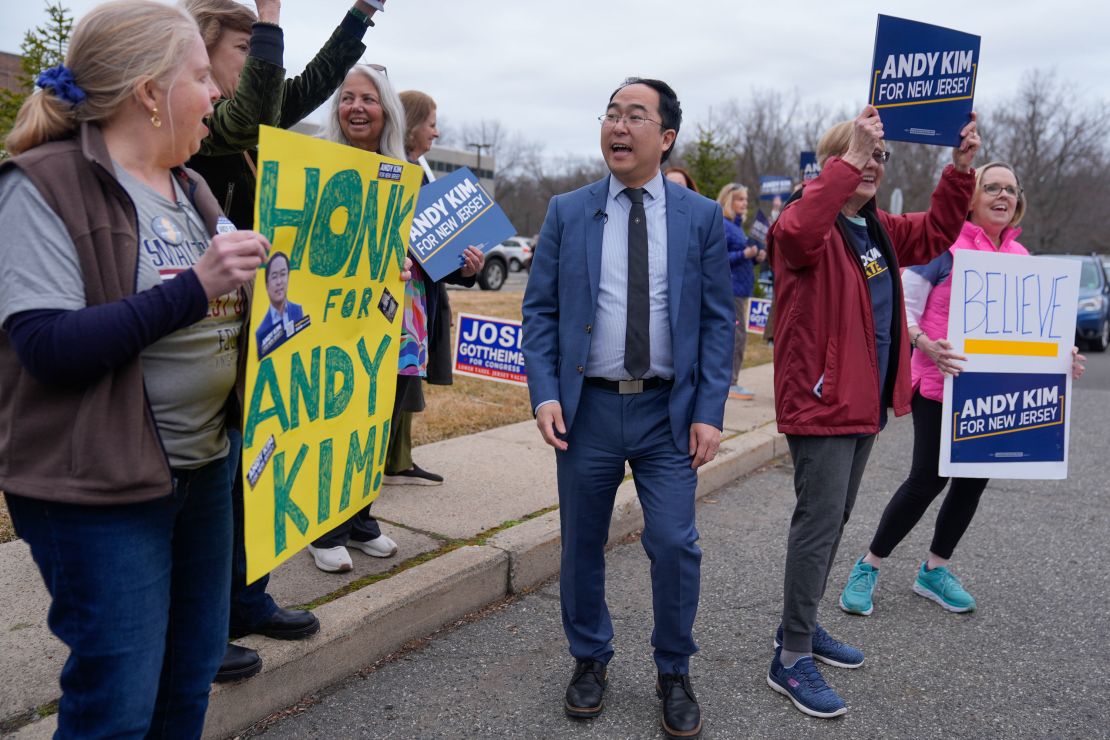 New Jersey Rep. Andy Kim greets supporters outside the Bergen County Democratic convention in Paramus on March 4, 2024.