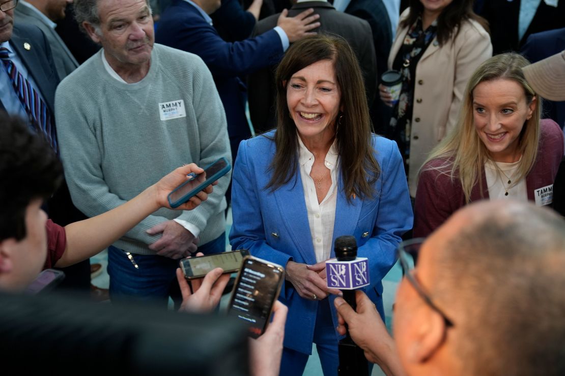 New Jersey first lady Tammy Murphy talks to reporters at the Bergen County Democratic convention in Paramus on March 4, 2024.