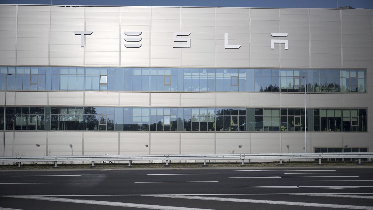 A view of the Tesla car factory after production came to a standstill and workers were evacuated following a power outage, in GrÃ¼nheide, Germany, Tuesday, March 5, 2024. (Sebastian Gollnow/dpa via AP)