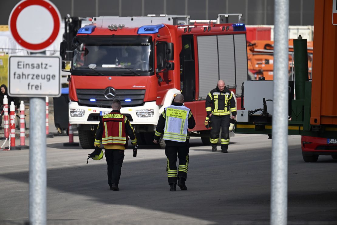 Fire engines parked on the site of the Tesla car factory near Berlin on March 5, 2024.