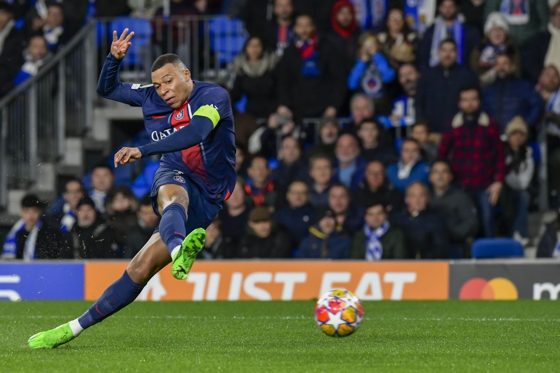 Mbappé scores PSG's second goal against Real Sociedad.