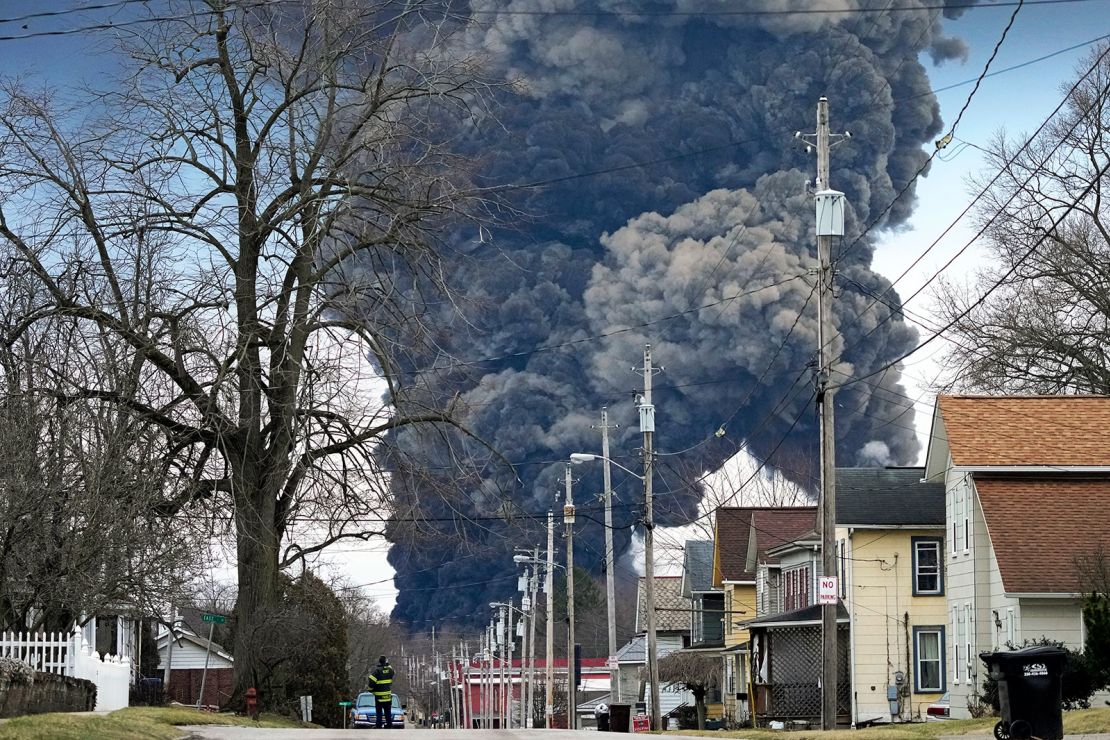 A black plume rose over East Palestine, Ohio, following an explosion that contained part of the Norfolk Southern train derailment on Feb. 6.