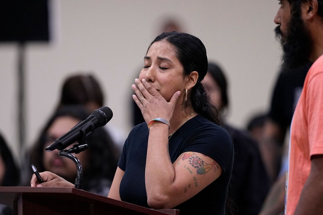 Kimberly Mata-Rubio speaks at a special city council meeting in Uvalde, Texas, on Thursday, March 7.