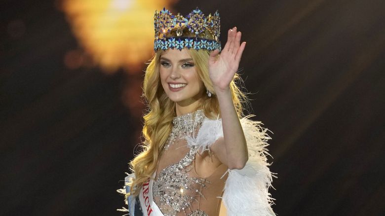 Krystyna Pyszková of Czech Republic waves after being crowned as the new Miss World at the pageant in Mumbai, India on March 9.