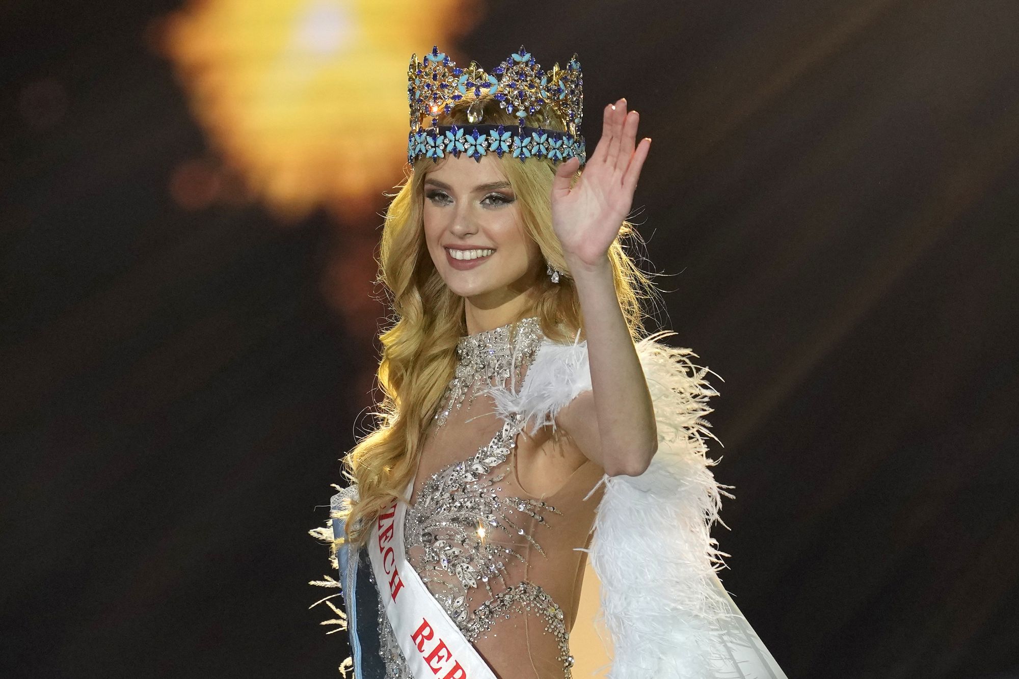 Krystyna Pyszková of Czech Republic waves after being crowned as the new Miss World at the pageant in Mumbai, India on March 9.
