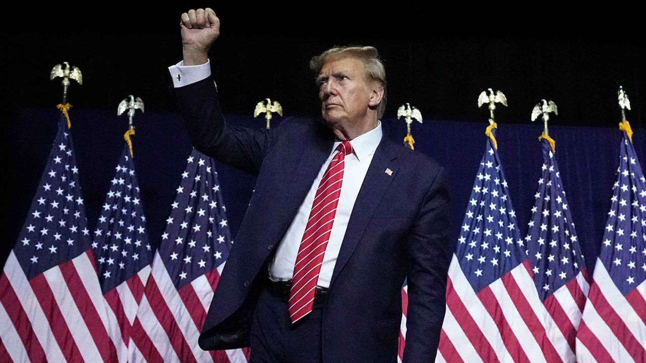 Republican presidential candidate former President Donald Trump gestures at a campaign rally Saturday, March 9, 2024, in Rome Ga. (AP Photo/Mike Stewart)