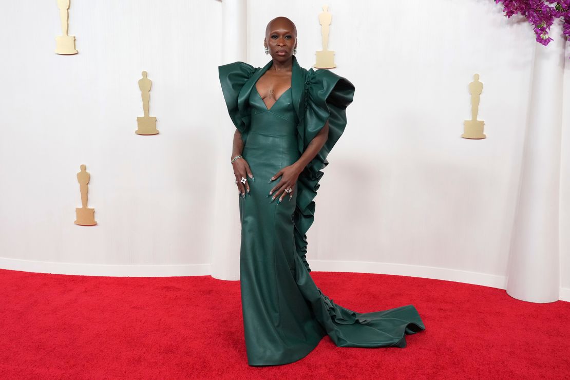 Defying gravity: Cynthia Erivo arrives at the Oscars channeling her character the Wicked Witch of the West, Elphaba Thropp.