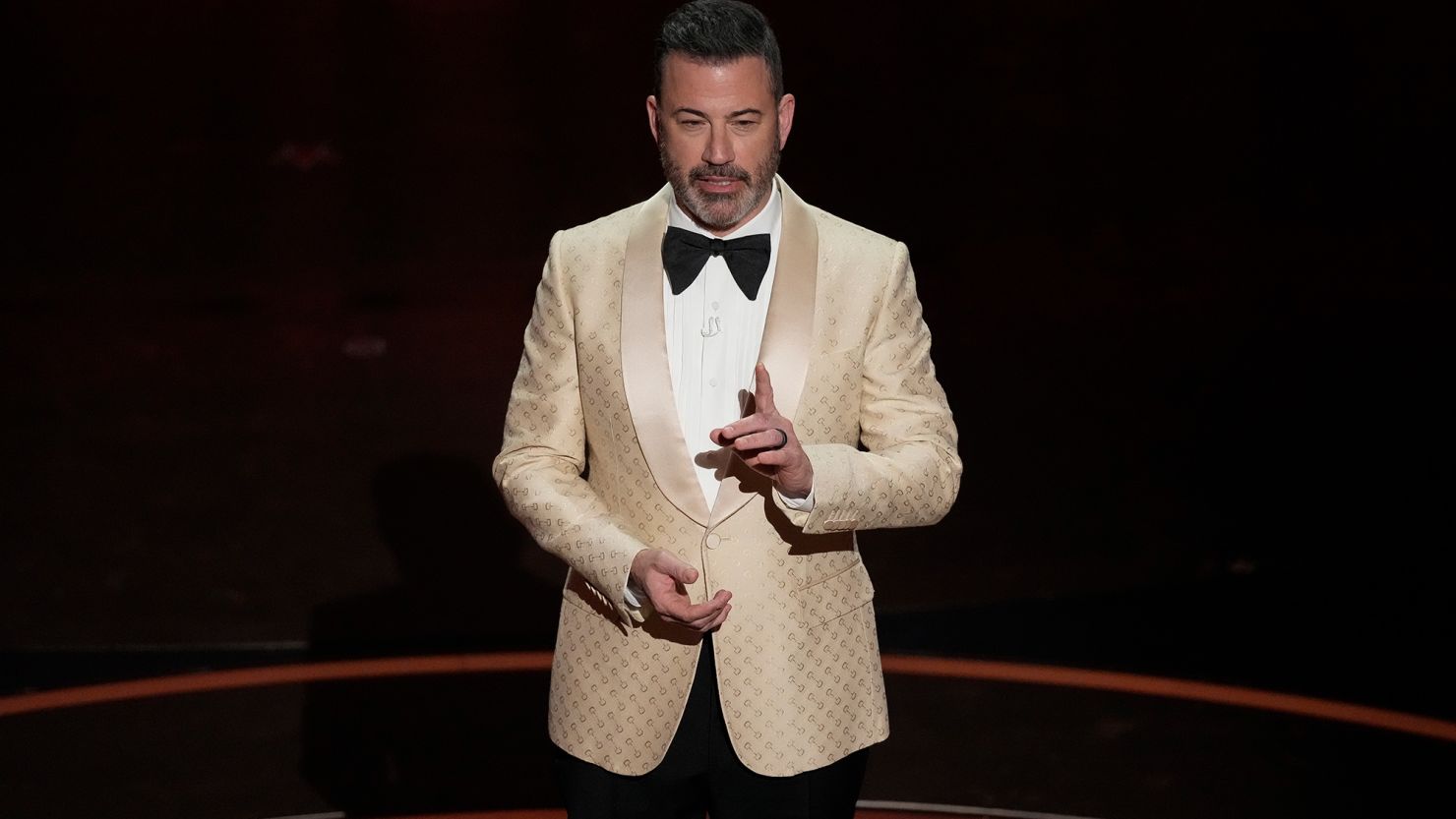 Host Jimmy Kimmel speaks during the Oscars on Sunday, March 10, 2024, at the Dolby Theatre in Los Angeles.