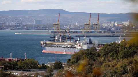 An oil tanker is moored at the Sheskharis complex in Novorossiysk, Russia.
