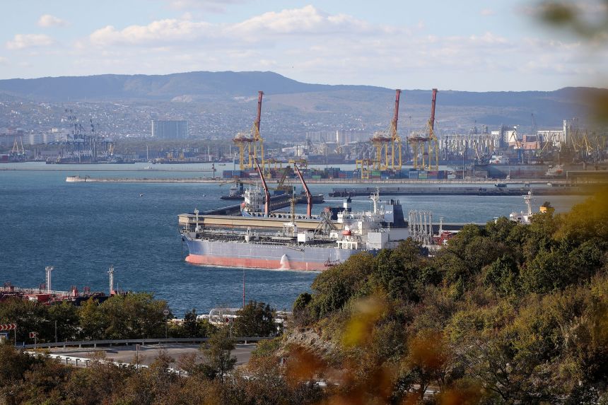 An oil tanker is moored at the Sheskharis complex in Novorossiysk, Russia.