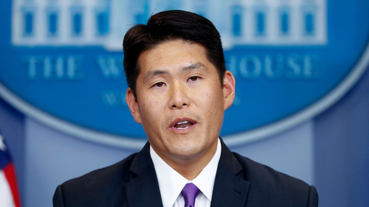 In this 2017 photo, Robert Hur speaks during a press briefing at the White House in Washington, DC.
